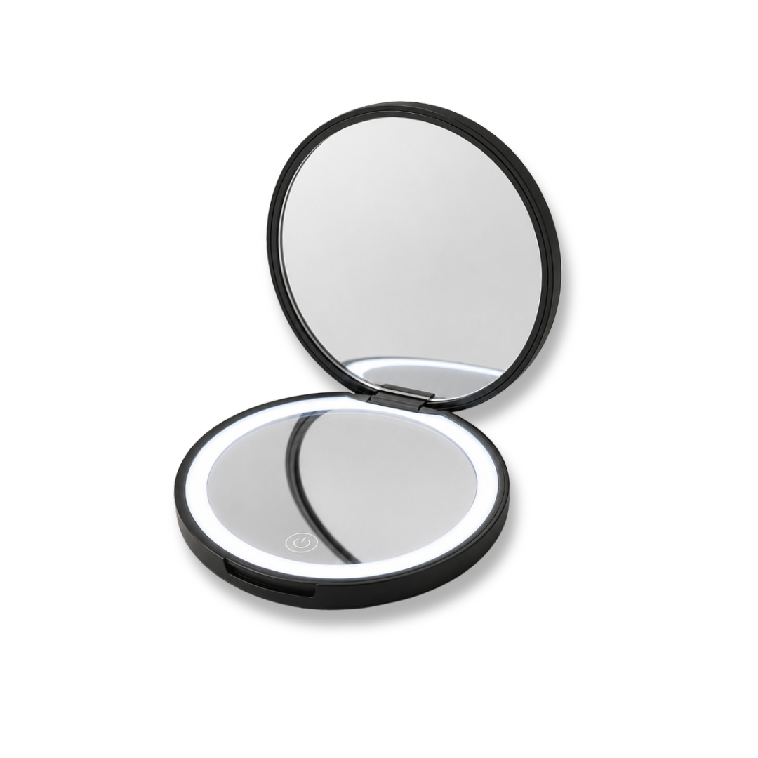 TWC LED E-Mirror open showing dual mirrors and illuminated LED ring light