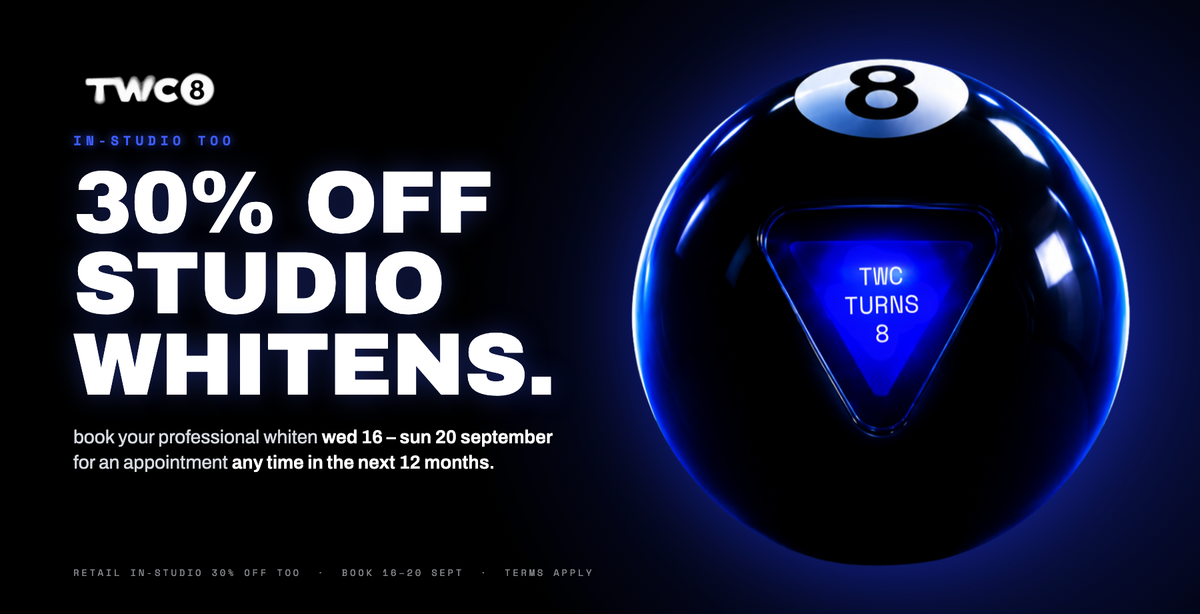 TWC8 — 30% off studio whitens (v2, no pill)